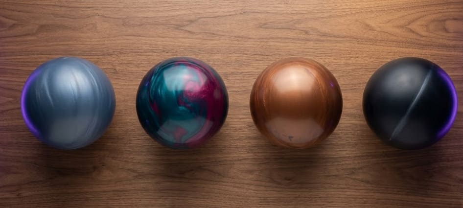 Catalogue MOTIV 2026 — 4 boules alignées par tier, du Max Thrill à l'Apex Jackal, flat lay zénithal walnut daylight