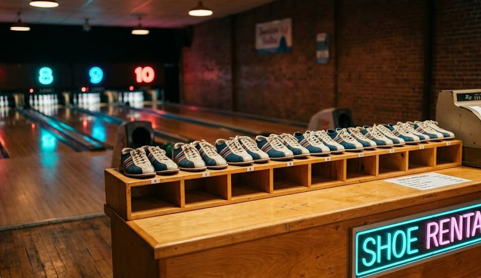 Comptoir de location de chaussures de bowling, paires alignées dans des cases en bois