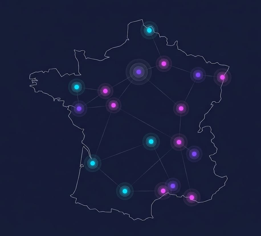 Carte stylisée des salles de bowling en France avec marqueurs néons cyan violet magenta — Le 300