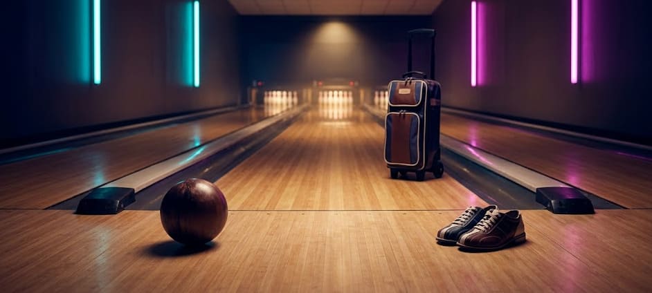 Vue rasante d'une piste de bowling depuis la ligne de faute — bois poli, perspective vers les quilles au fond, accents néon cyan et magenta encadrant la perspective, style éditorial premium.