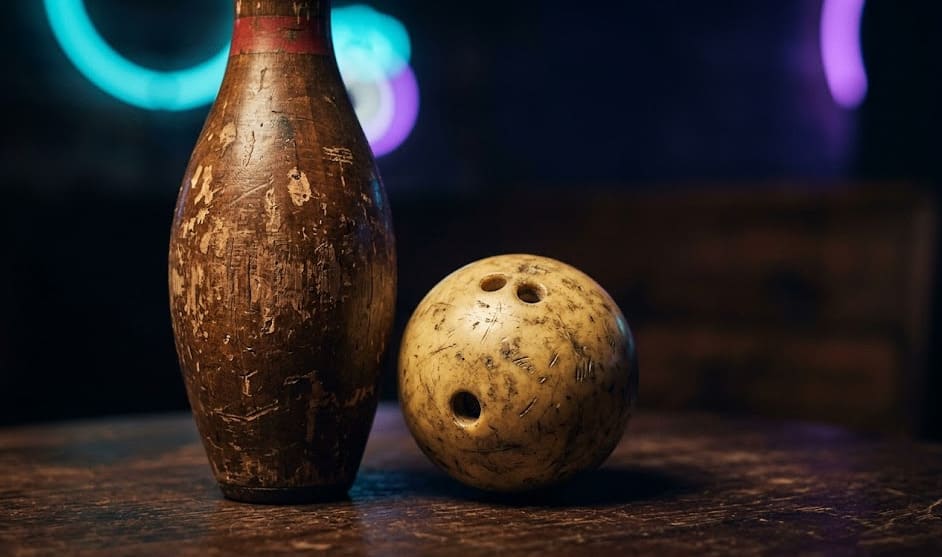 Quille de bowling vintage en bois patiné et boule ivoire ancienne — Le 300