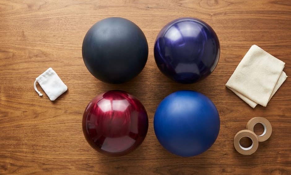 Flat lay éditorial de la gamme Hammer 2026 — quatre boules signature sur fond walnut