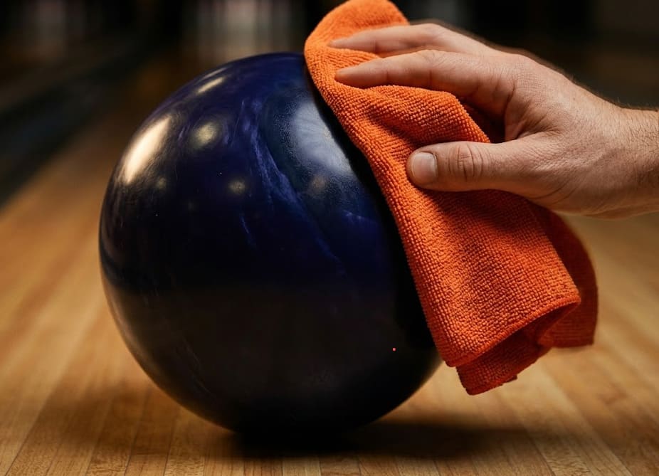 Geste d'entretien d'une boule de bowling avec serviette microfibre orange — détail produit
