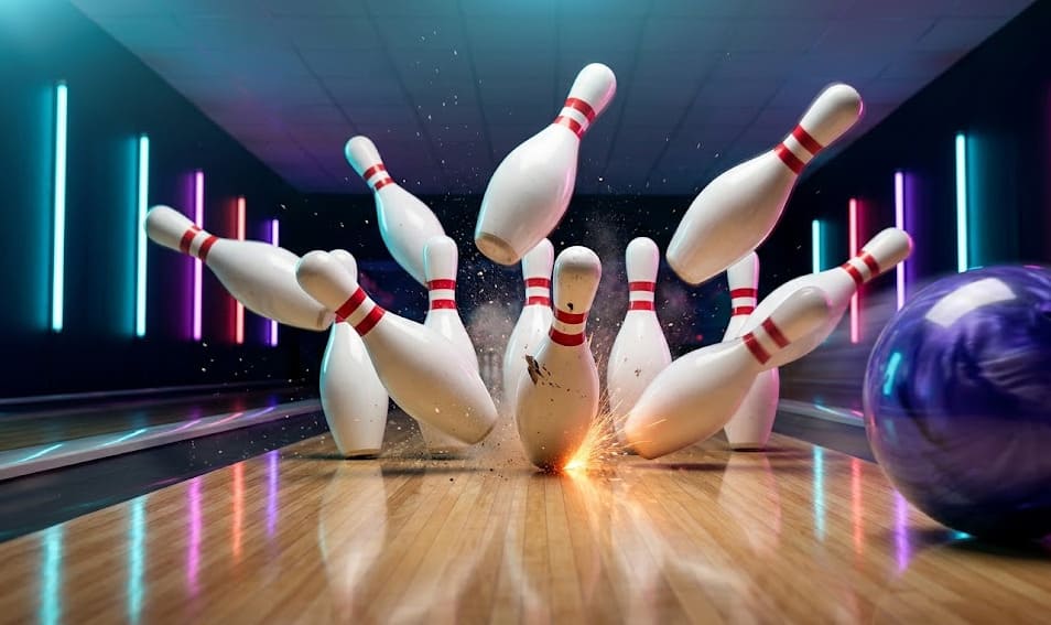 Chronomètre digital figé sur 86,9 secondes avec boule de bowling indigo en motion blur — illustration du record du perfect game