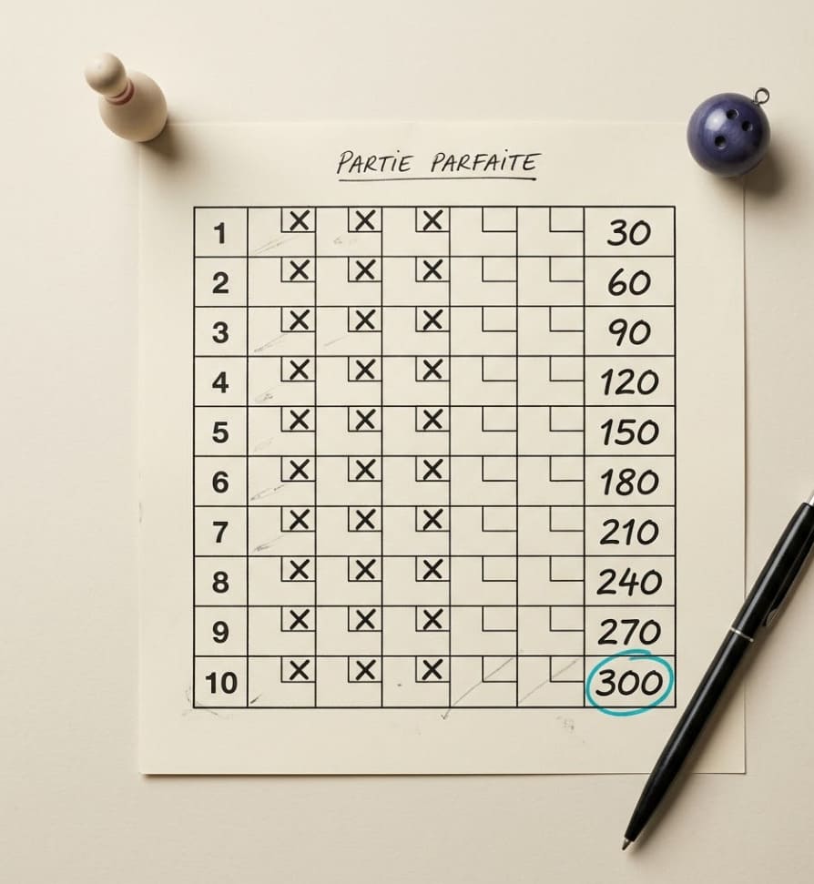 Feuille de score papier remplie d'une partie parfaite à 300 avec les dix frames marquées d'un strike et le cumul 30, 60, 90 jusqu'à 300 entouré