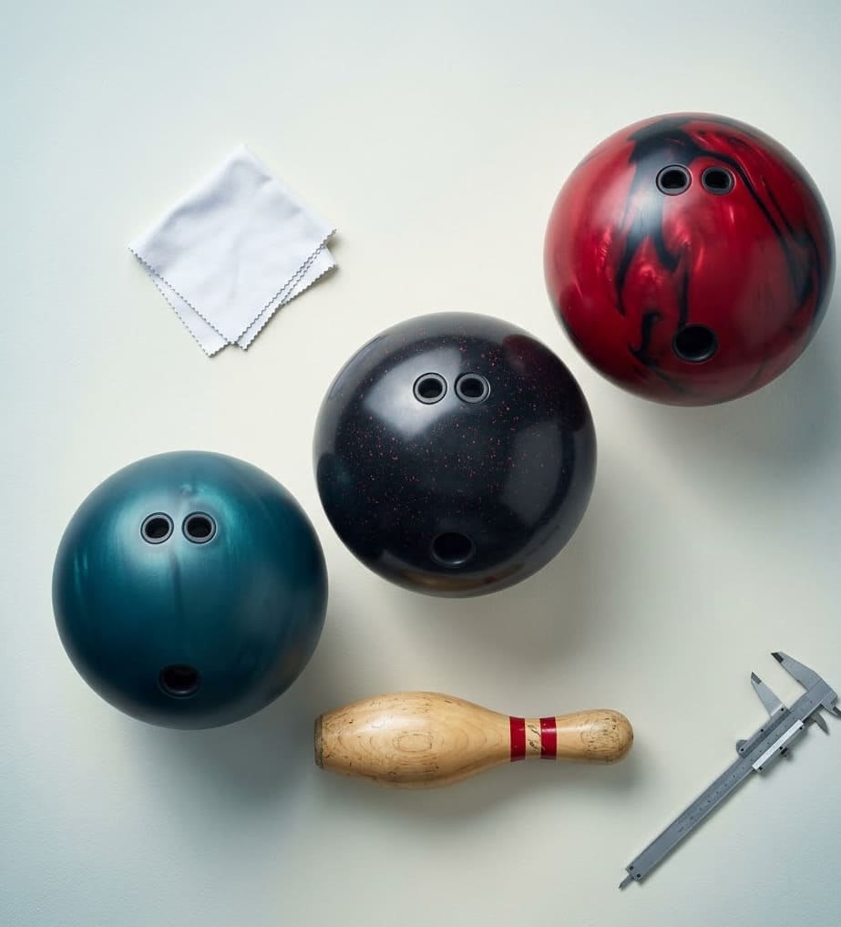 Trois boules de bowling de marques différentes en flat lay zénithal