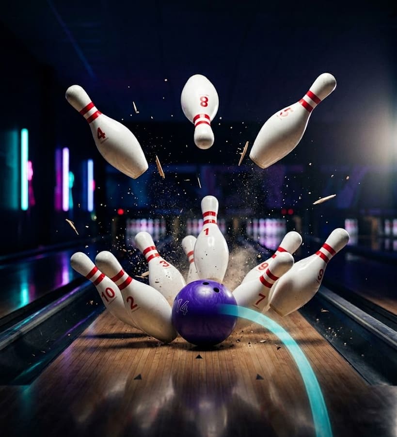 Strike cinématographique : dix quilles de bowling explosent au moment de l'impact, particules de bois en suspension, traînée néon de la boule — Le 300