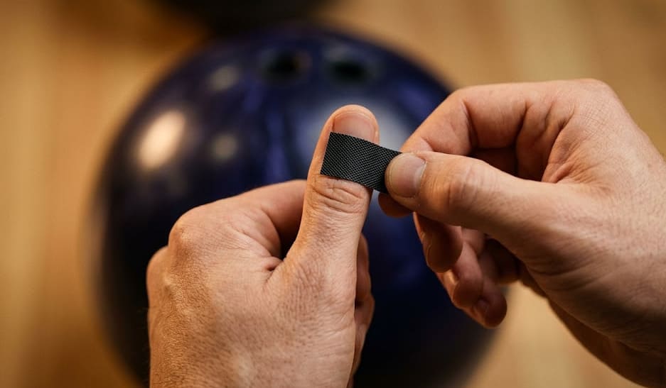 Application d'un ruban tape sur le pouce avant lancer — gros plan macro éditorial