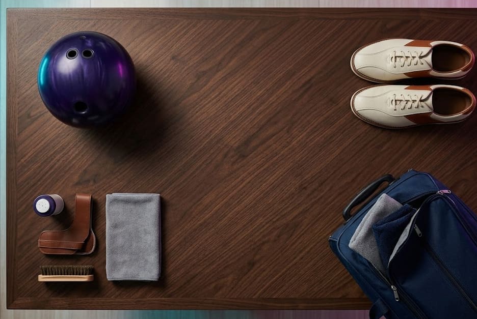 Vue zénithale d'un kit complet de matériel de bowling — boule, chaussures, sac et accessoires arrangés sur un plancher en bois sombre, style flat lay éditorial magazine.