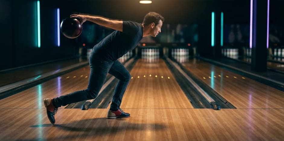 Vue rasante éditoriale d'un bowleur en glissade au quatrième pas, bras droit en swing arrière, néons en bokeh