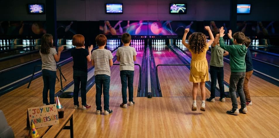 Anniversaire bowling enfant, huit enfants partagent deux pistes adjacentes avec bumpers activés en ambiance cosmic