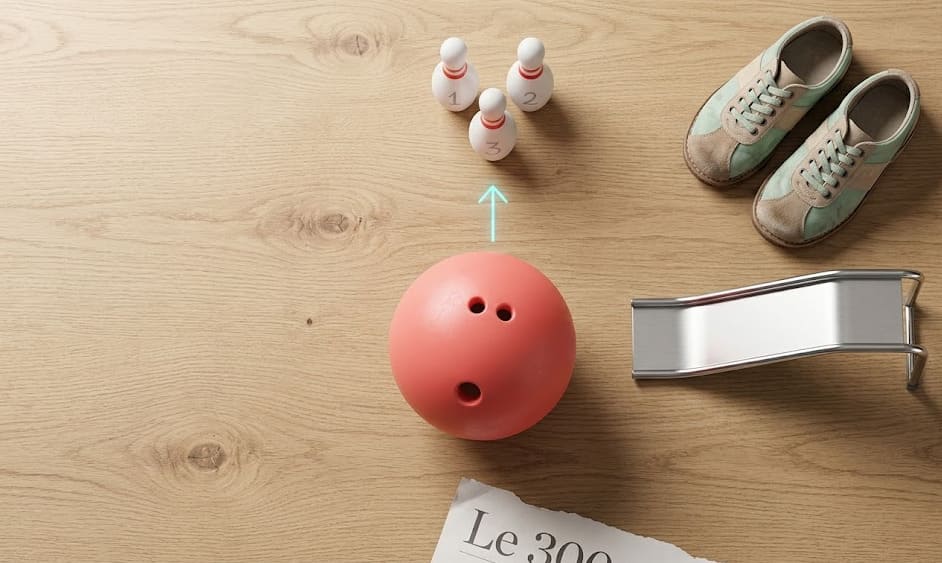 Flat lay zénithal du matériel bowling adapté à un enfant : boule 5 livres, chaussures pointure 26, rampe miniature, trois quilles
