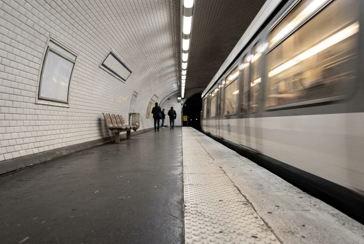 Quai de métro parisien carrelé avec une rame à quai