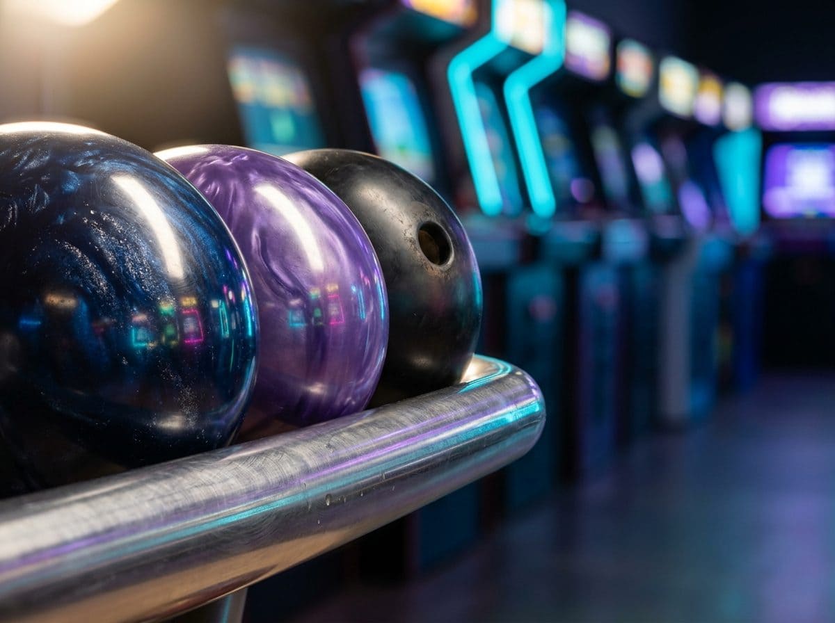 Rack de boules de bowling en gros plan devant des bornes d'arcade floues