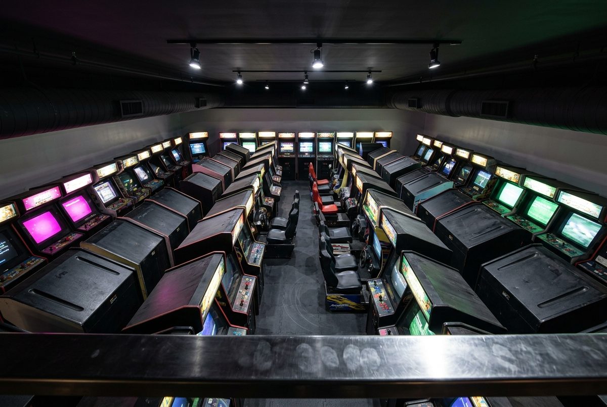 Vue en plongée d'une salle d'arcade compacte au plafond bas