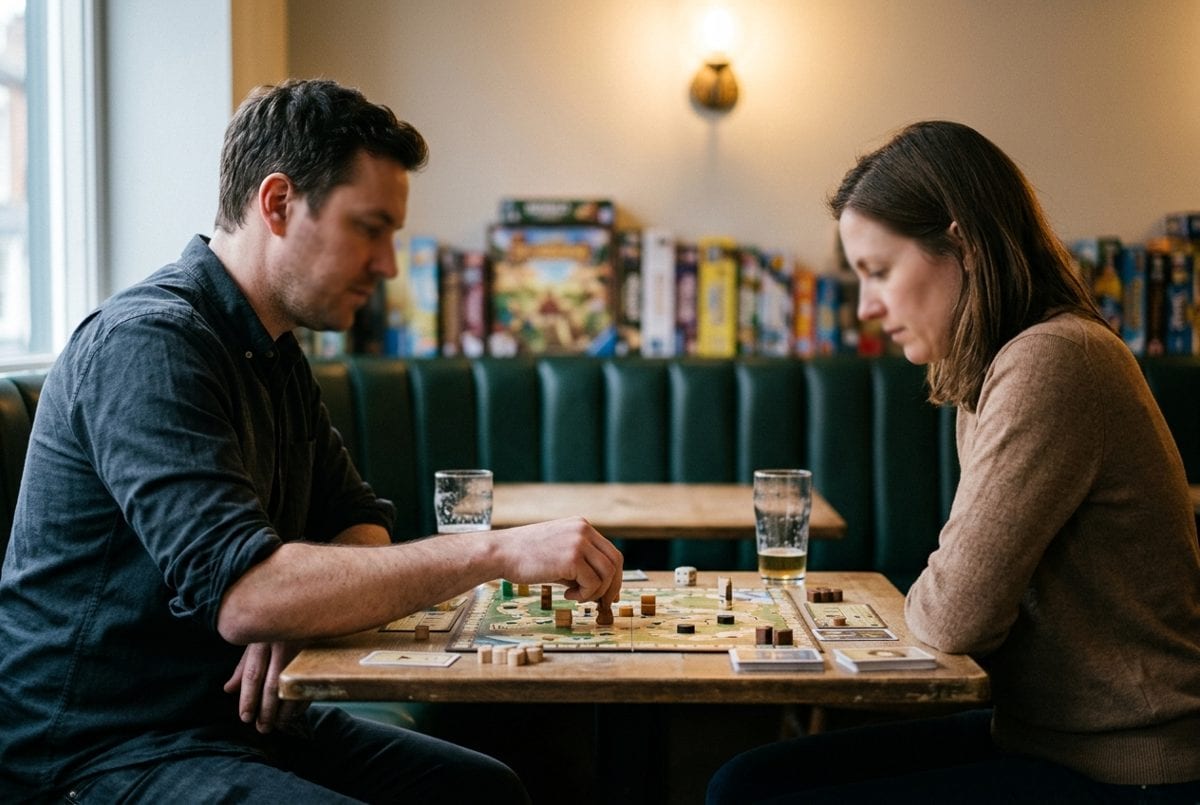 Deux personnes attablées face à face autour d'un jeu de société dans un bar à jeux